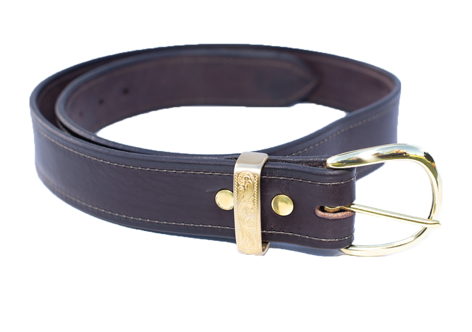 1.50-inch Stitched English Bridle Leather Belt with Solid Brass Belt Keeper