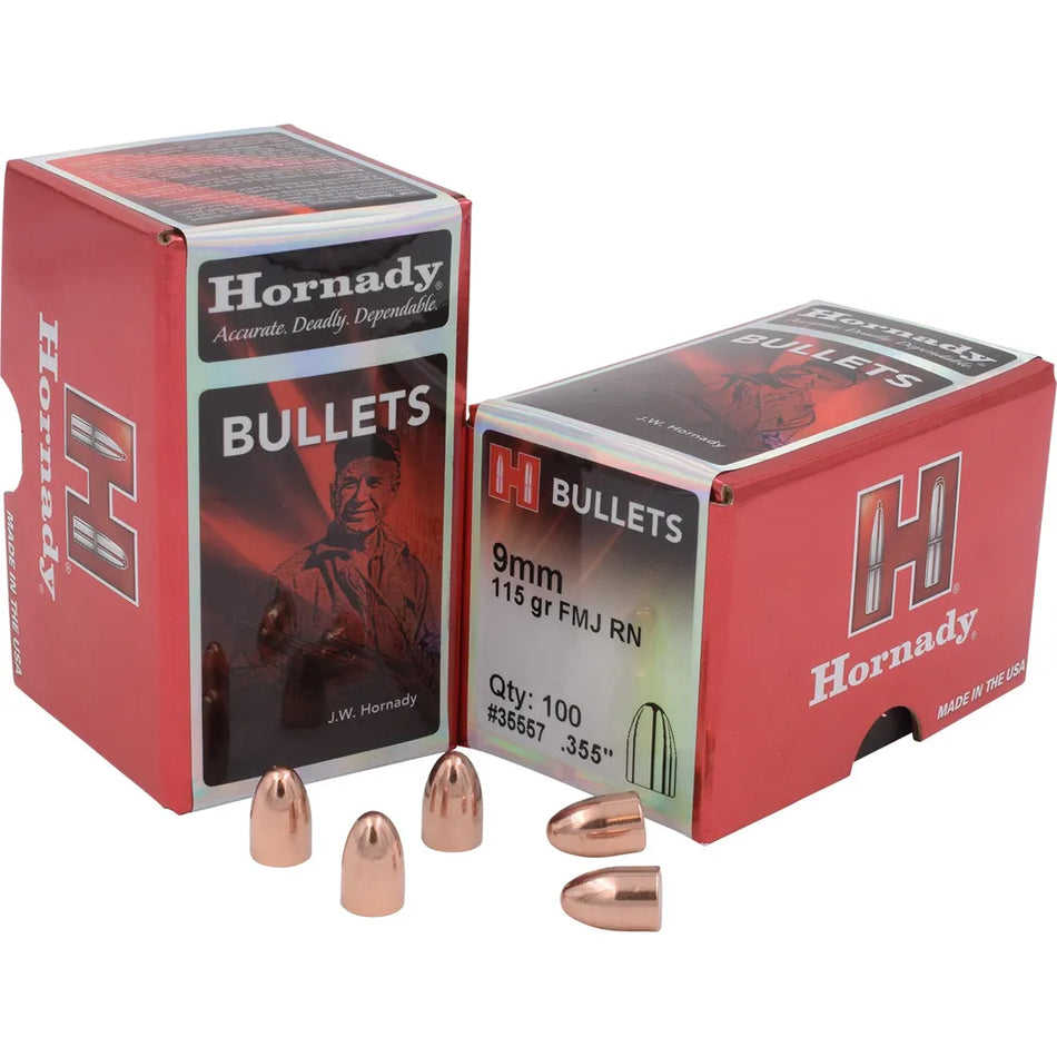 Hornady FMJ Round Nose Bullets (9 mm. .355 in. 115 gr. 100 pk)