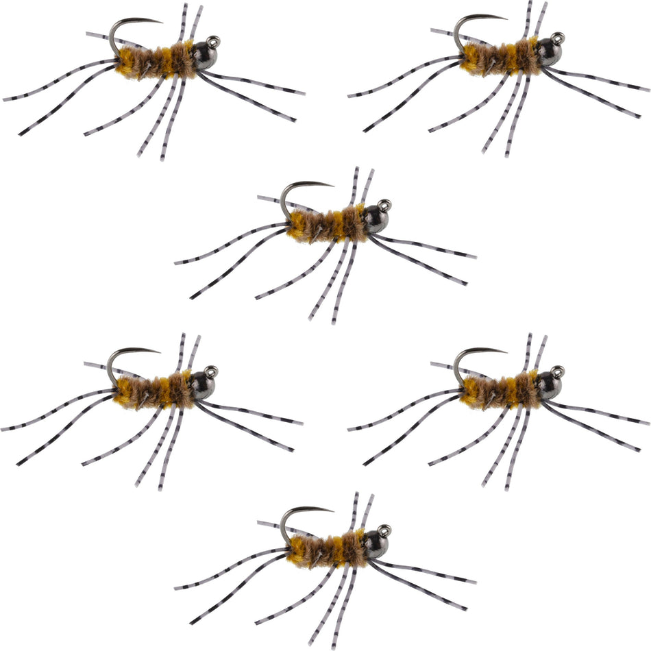 Barbless Pat's Barred Rubber Legs Tungsten Bead Jigged Coffee/Tan Euro Nymph  - Set of 6 Flies Hook Size 6