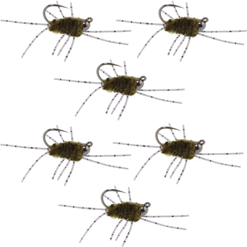Barbless Pat's Barred Rubber Legs Tungsten Bead Jigged Dark Olive Euro Nymph  - Set of 6 Flies Hook Size 6