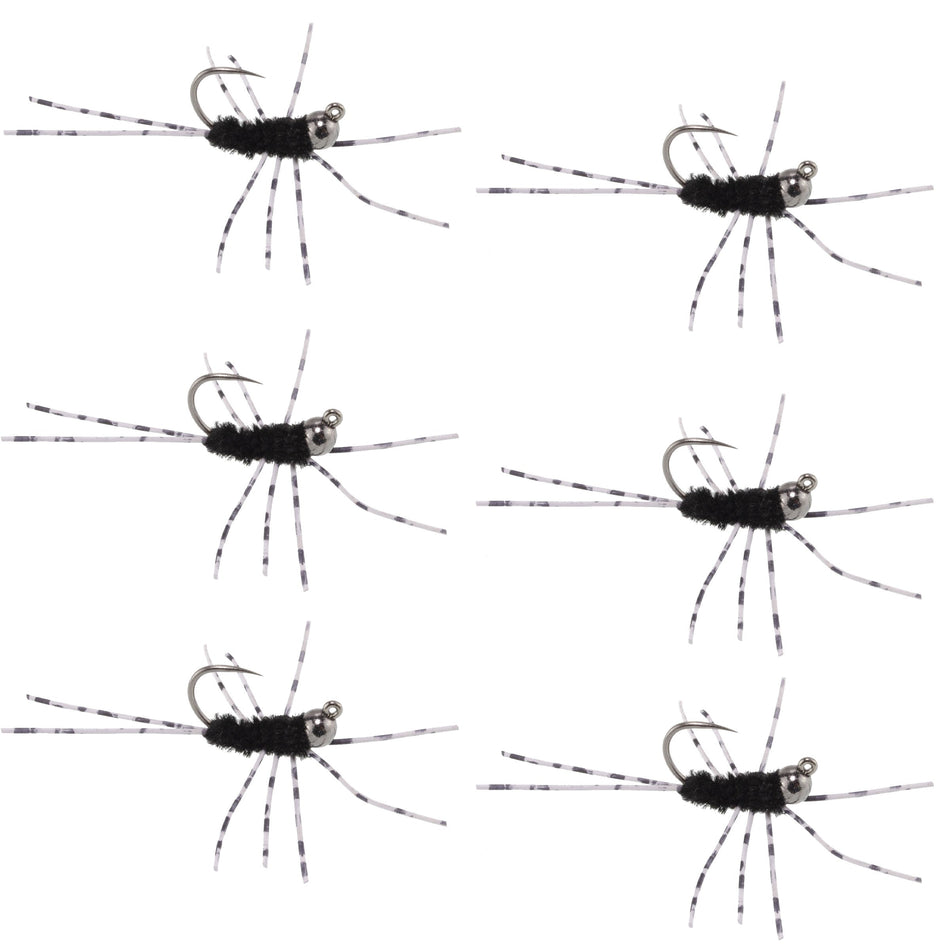 Barbless Pat's Barred Rubber Legs Tungsten Bead Jigged Black Euro Nymph  - Set of 6 Flies Hook Size 6