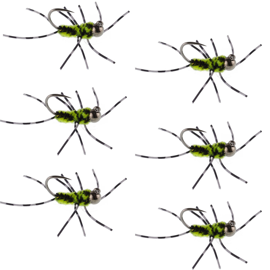 Barbless Pat's Barred Rubber Legs Tungsten Bead Jigged Black/Chartreuse Euro Nymph  - Set of 6 Flies Hook Size 6