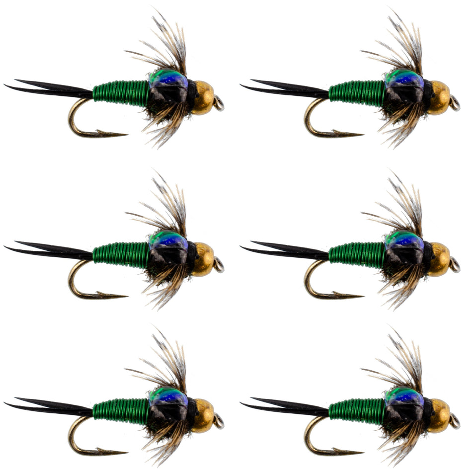 Bead Head Green Copper John Nymph Fly Fishing Flies - Set of 6 Flies Hook Size 14