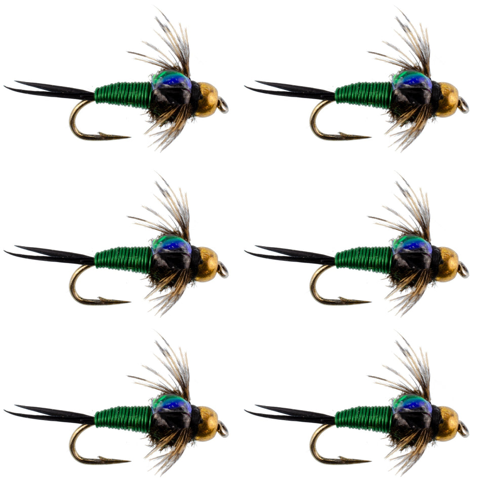Bead Head Green Copper John Nymph Fly Fishing Flies - Set of 6 Flies Hook Size 18
