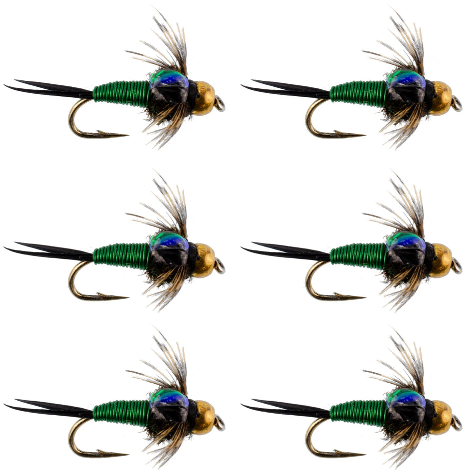 Bead Head Green Copper John Nymph Fly Fishing Flies - Set of 6 Flies Hook Size 16