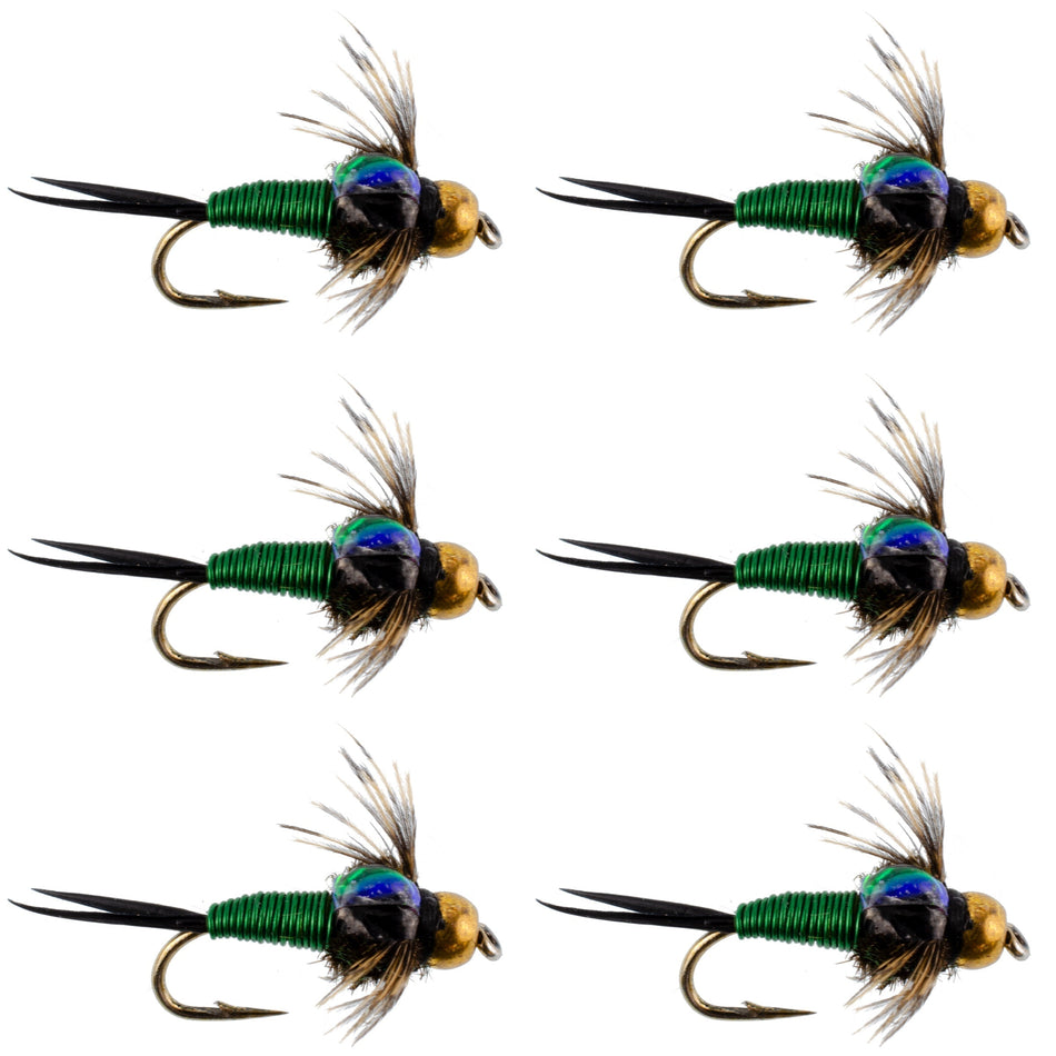 Bead Head Green Copper John Nymph Fly Fishing Flies - Set of 6 Flies Hook Size 12