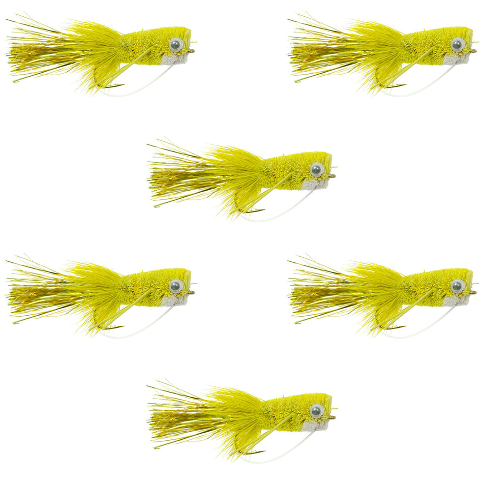 Flashtail Bass Popper  6 Flies Size 8 - Yellow Bass Fly Fishing Bug Wide Gape Bass Hooks With Weed Guard
