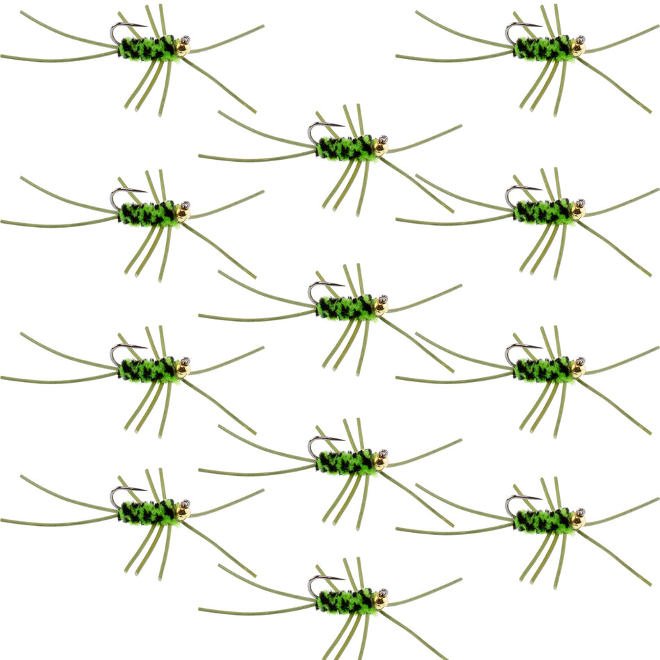 Barbless Pat's Rubber Legs Tungsten Bead Jigged Black/Chartreuse Euro Nymph  - Set of 12 Flies Hook Size 10