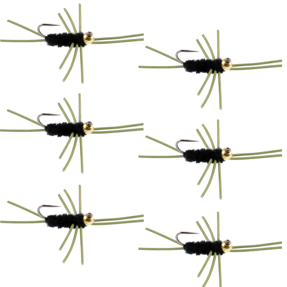 Barbless Pat's Rubber Legs Tungsten Bead Jigged Black Euro Nymph  - Set of 6 Flies Hook Size 10