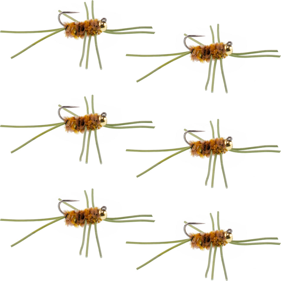 Barbless Pat's Rubber Legs Tungsten Bead Jigged Coffee/Tan Euro Nymph  - Set of 6 Flies Hook Size 10