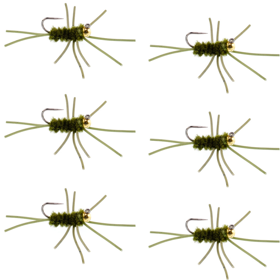 Barbless Pat's Rubber Legs Tungsten Bead Jigged Dark Olive Euro Nymph  - Set of 6 Flies Hook Size 10