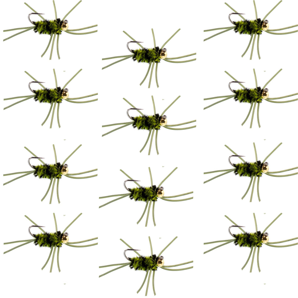 Barbless Pat's Rubber Legs Tungsten Bead Jigged Black/Olive Euro Nymph  - Set of 12 Flies Hook Size 10