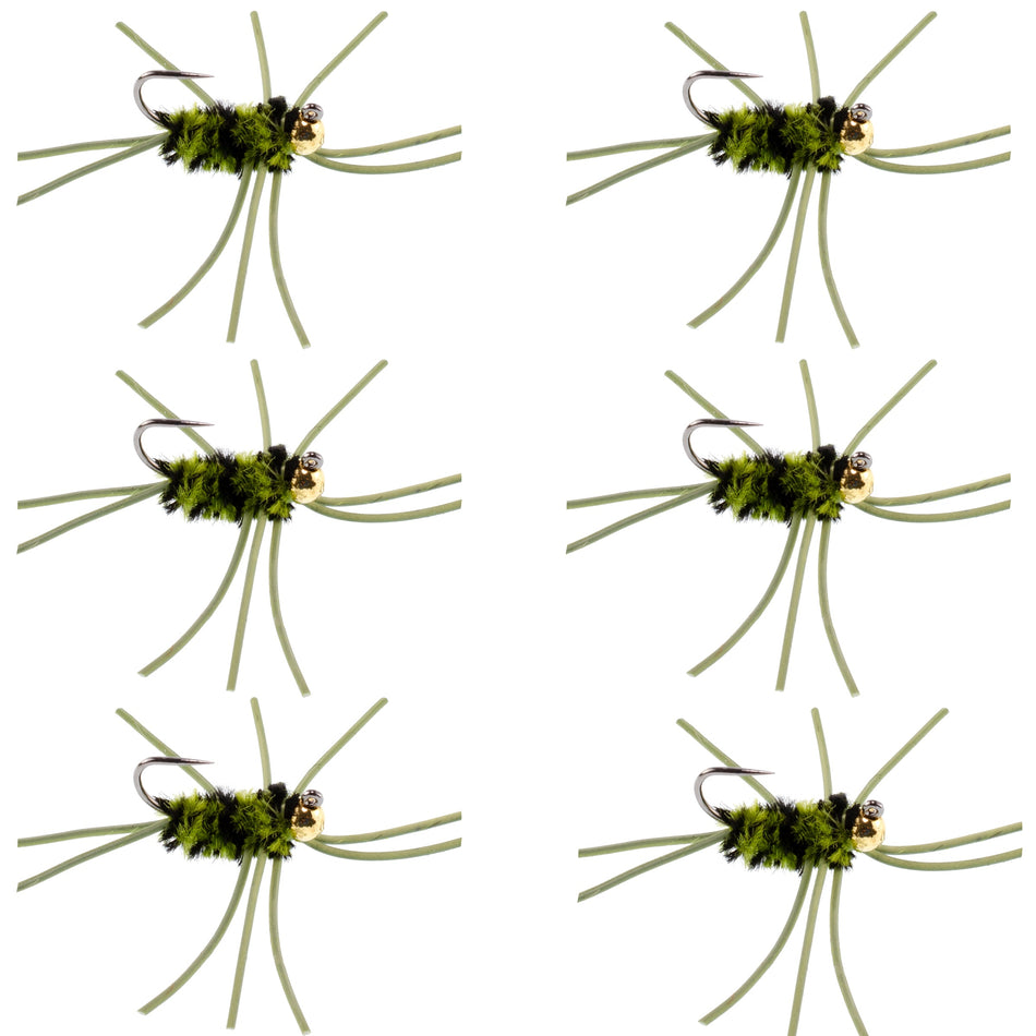 Barbless Pat's Rubber Legs Tungsten Bead Jigged  Olive/Black Euro Nymph  - Set of 6 Flies Hook Size 10