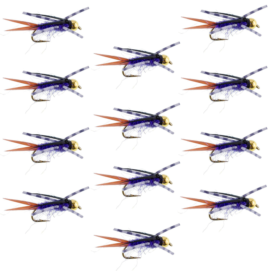 Bead Head Purple Batman Rubber Legs Nymph Fly - 12 Flies Hook Size 12