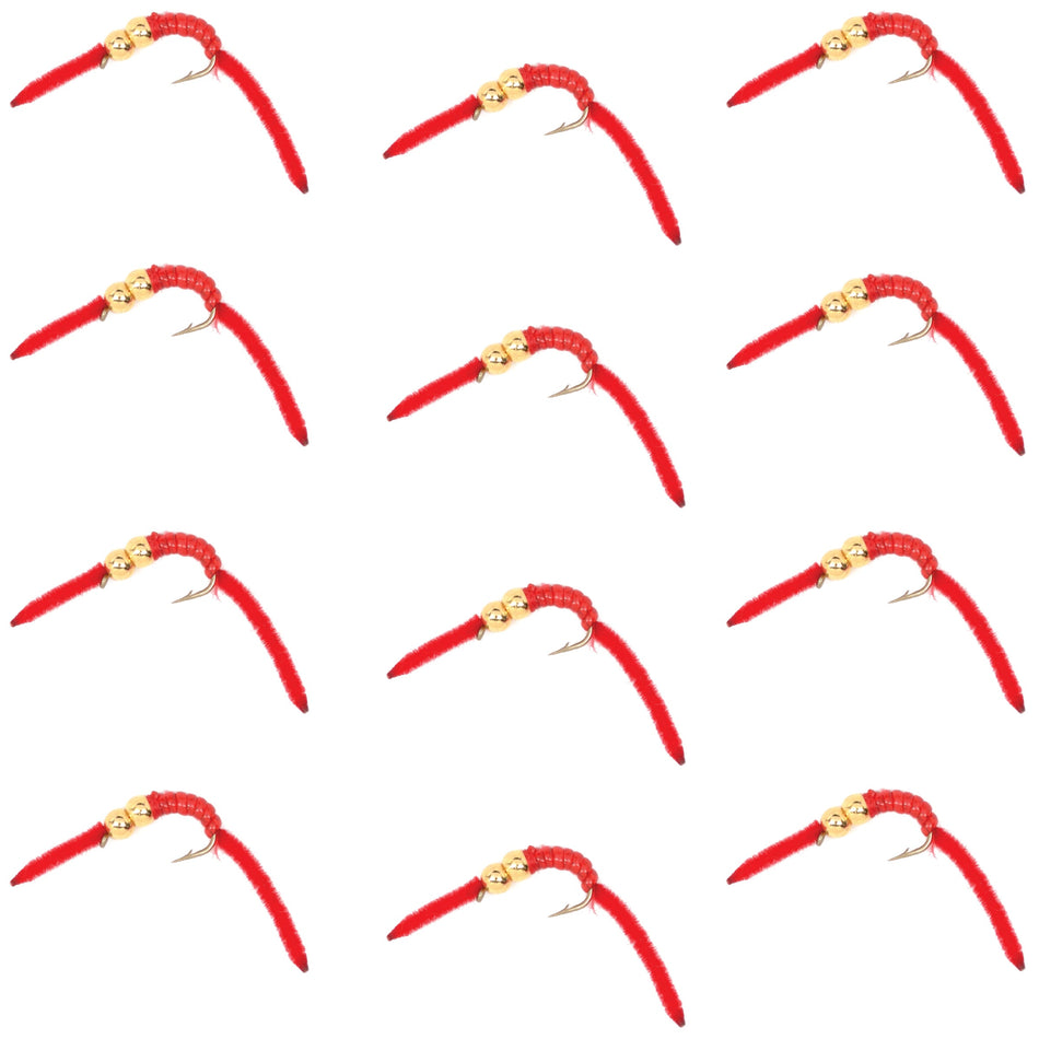 San Juan Double Bead Power Worm Red V-Rib - 1 Dozen Nymph Flies Hook Size 12