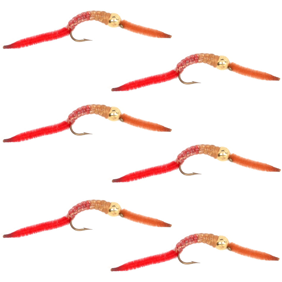 San Juan Worm Gold Bead Power Worm  Half and Half - Set of 6 Nymph Flies Hook Size 12