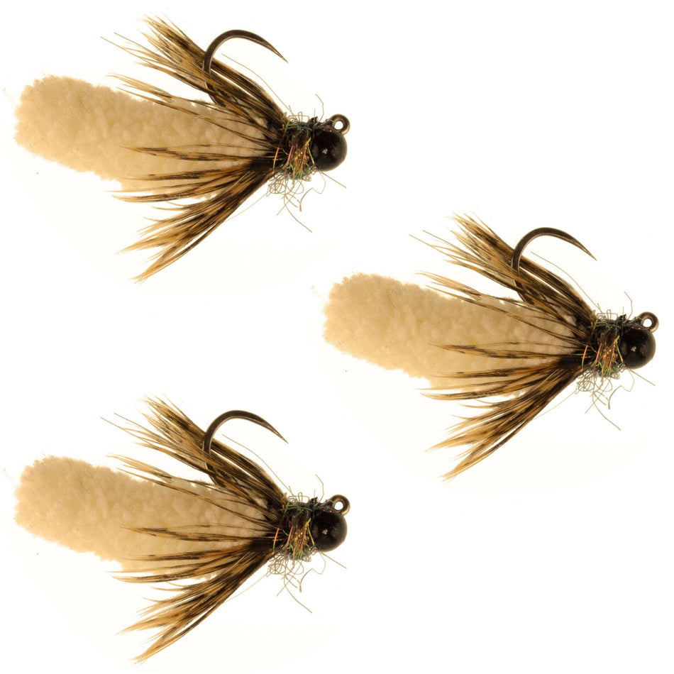 3 Pack Tungsten Bead Tan Mop Fly Tactical Jig Czech Euro Nymph Barbless Fly - 3 Flies Size 14
