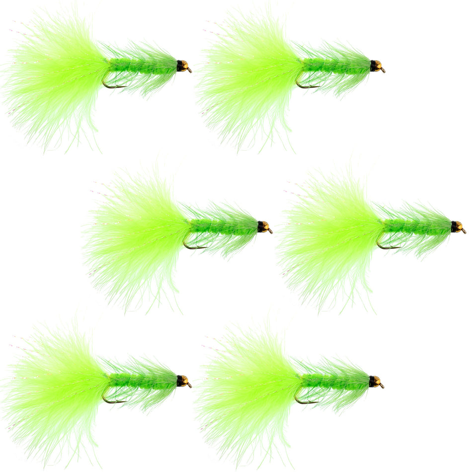 Chartreuse Bead Head Crystal Woolly Bugger Classic Streamer Flies - Set of 6 Trout Fly Fishing Flies - Hook Size 8