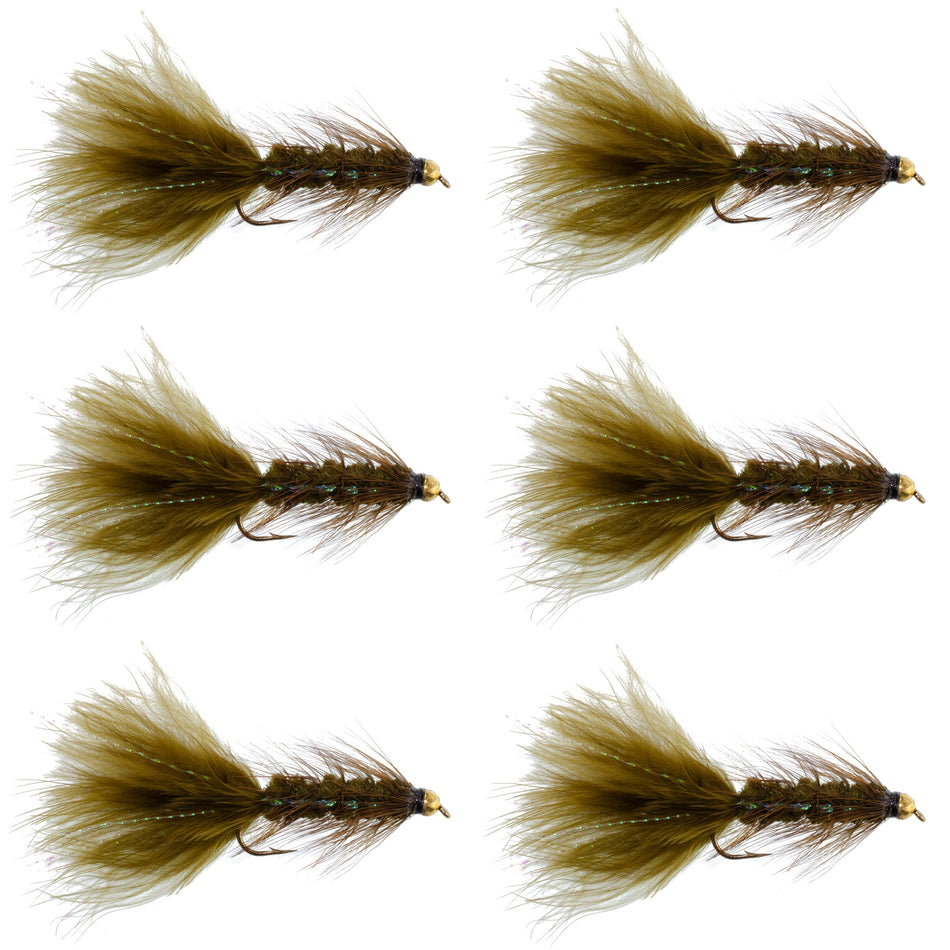 Dark Olive Bead Head Crystal Woolly Bugger Classic Streamer Flies - Set of 6 Trout Fly Fishing Flies - Hook Size 4