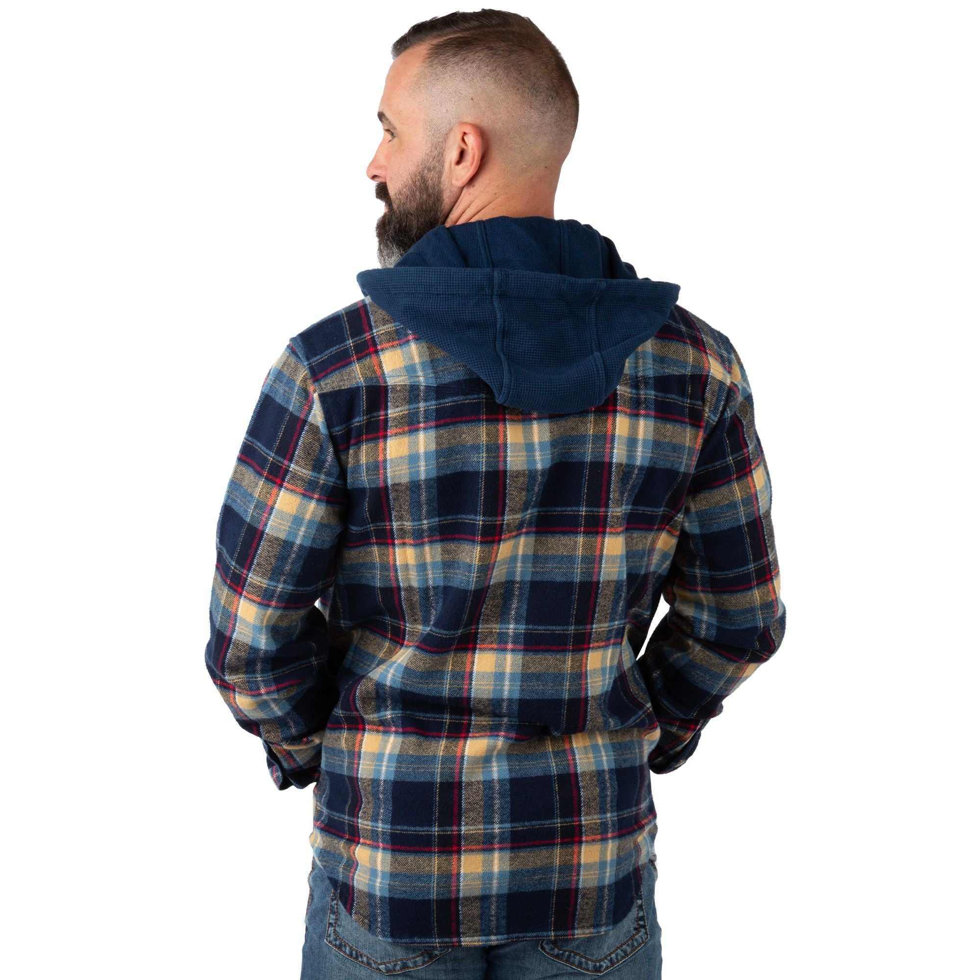Deep Sea Plaid - Men's Widgeon Waffle Hooded Flannel Shirt Jacket - Back