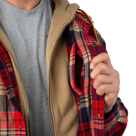 Red Velvet Plaid - Men's Decoy Hooded Flannel Shirt Jacket - Close