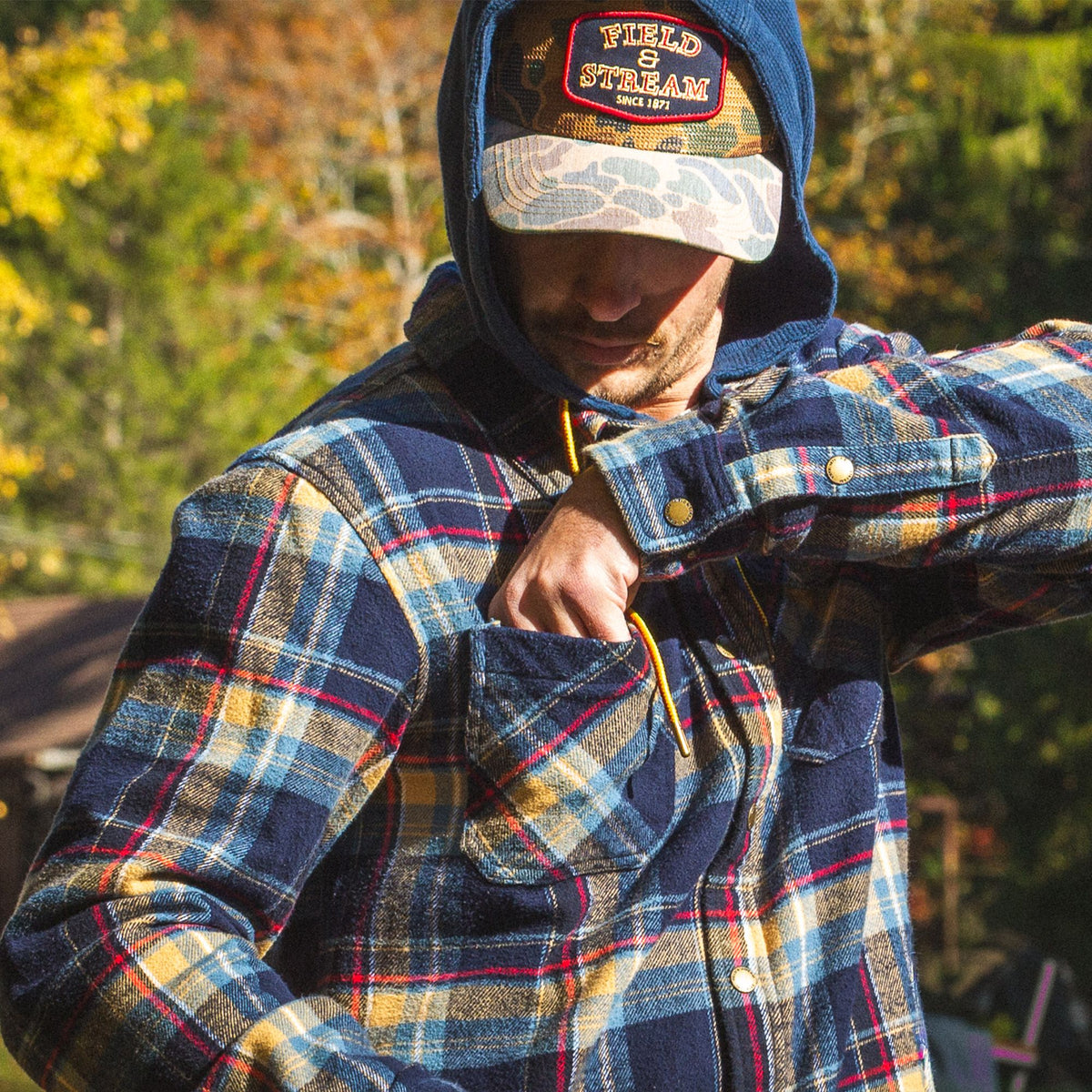 Deep Sea Plaid - Men's Widgeon Waffle Hooded Flannel Shirt Jacket - Lifestyle4