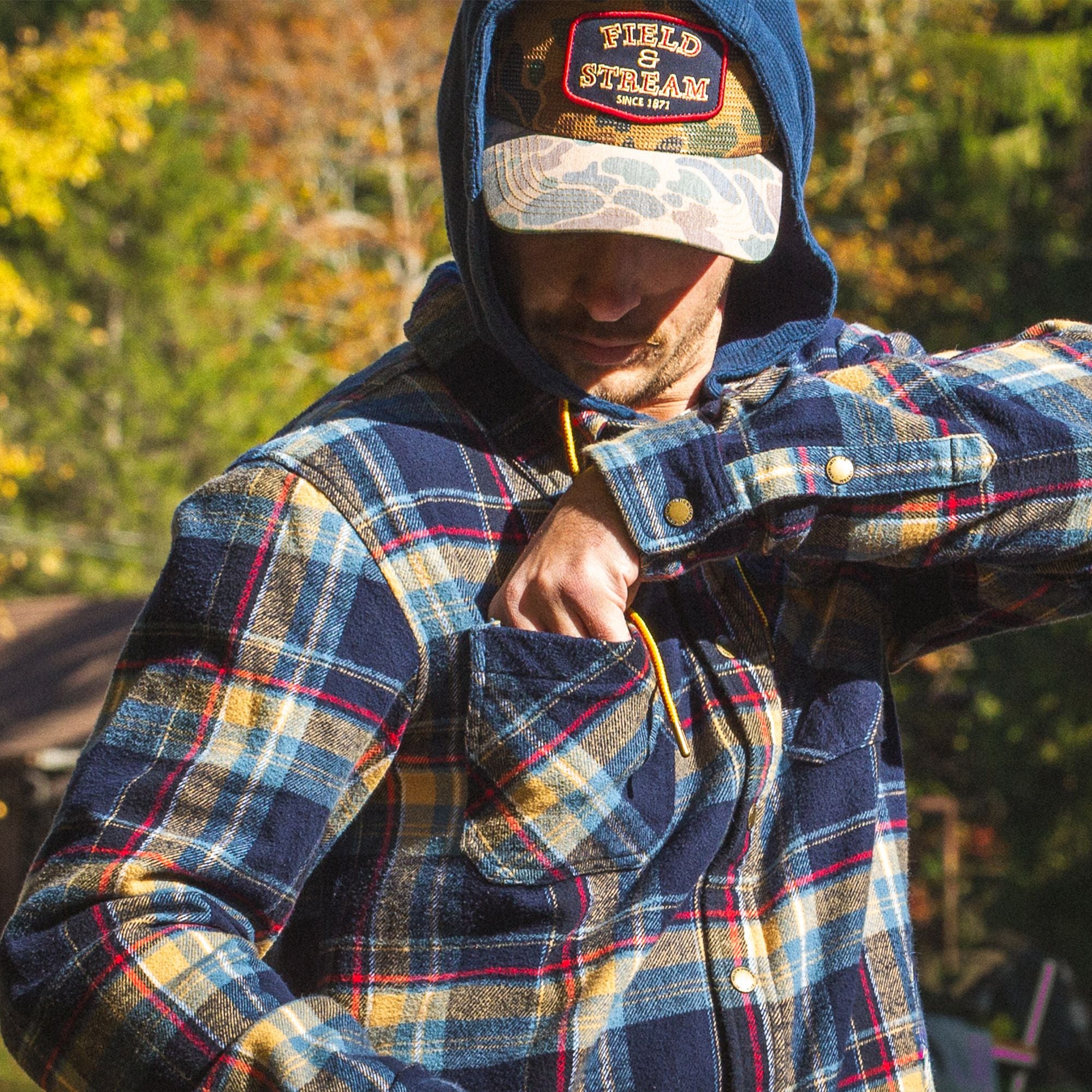 Deep Sea Plaid - Men's Widgeon Waffle Hooded Flannel Shirt Jacket - Lifestyle4