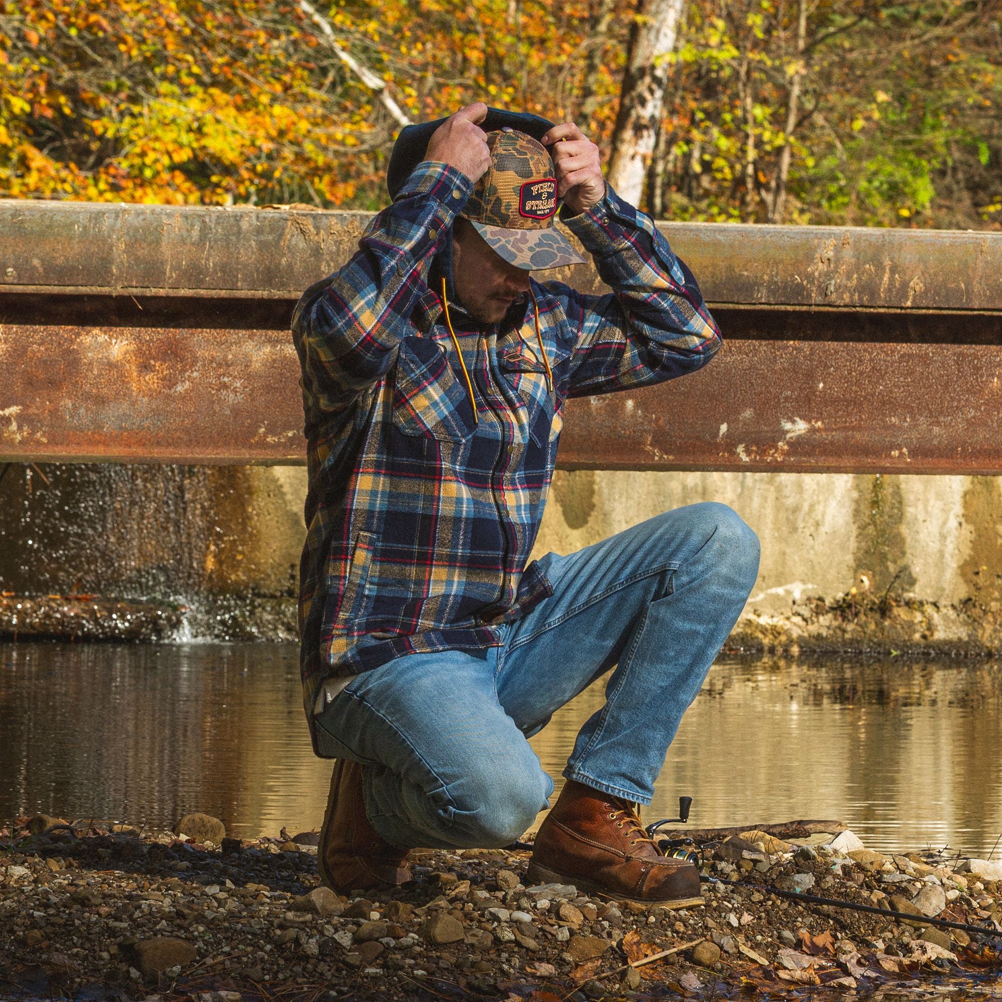 Deep Sea Plaid - Men's Widgeon Waffle Hooded Flannel Shirt Jacket - Lifestyle1