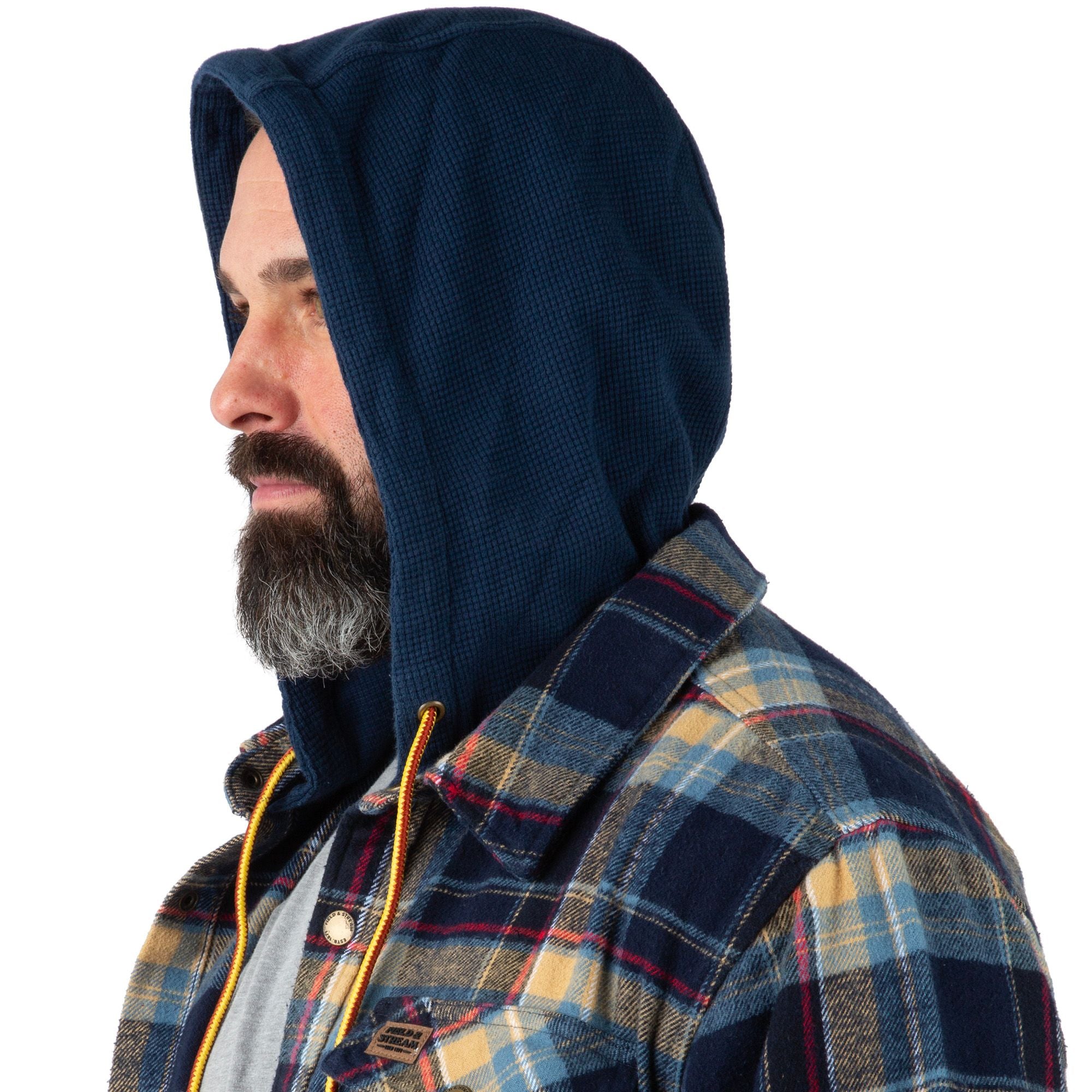 Deep Sea Plaid - Men's Widgeon Waffle Hooded Flannel Shirt Jacket - Hood