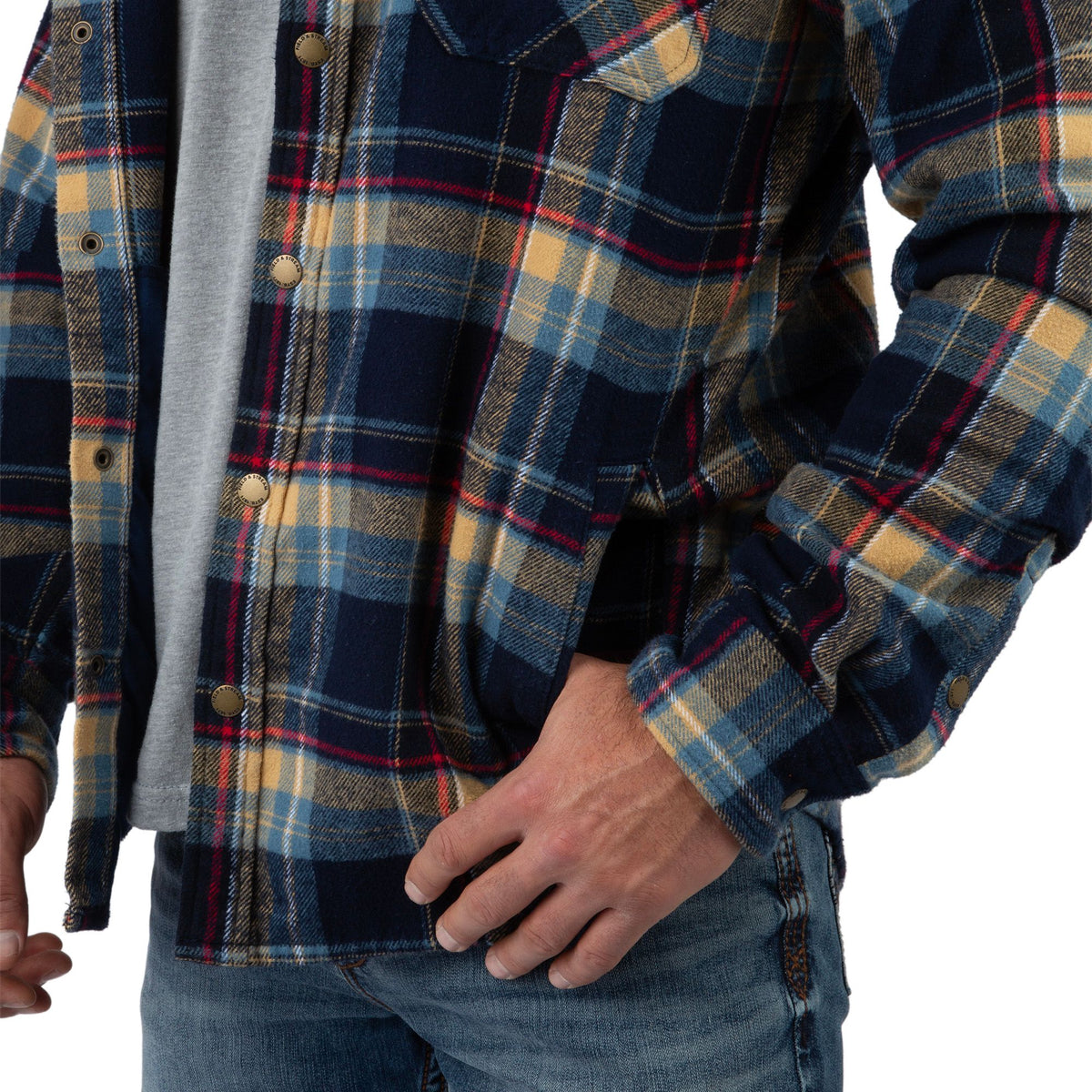 Deep Sea Plaid - Men's Widgeon Waffle Hooded Flannel Shirt Jacket - Sleeve
