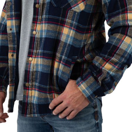 Deep Sea Plaid - Men's Widgeon Waffle Hooded Flannel Shirt Jacket - Sleeve