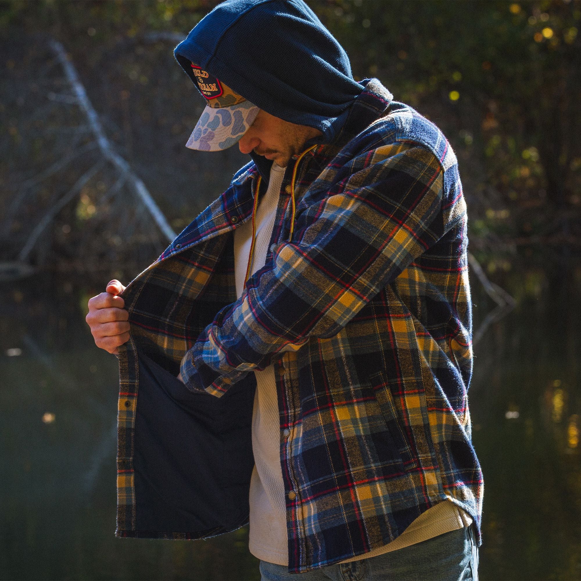 Deep Sea Plaid - Men's Widgeon Waffle Hooded Flannel Shirt Jacket - Lifestyle3