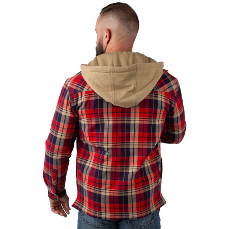 Red Velvet Plaid - Men's Decoy Hooded Flannel Shirt Jacket - Back