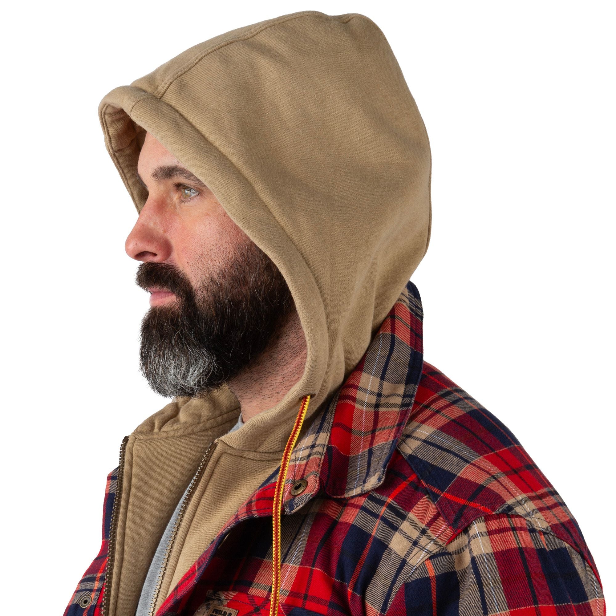 Red Velvet Plaid - Men's Decoy Hooded Flannel Shirt Jacket - Hood