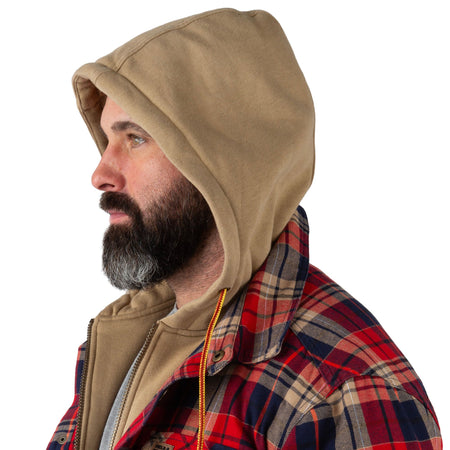 Red Velvet Plaid - Men's Decoy Hooded Flannel Shirt Jacket - Hood